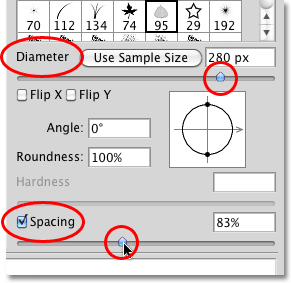 Adjusting the brush diameter and spacing in the Brushes panel in Photoshop. Image © 2010 Photoshop Essentials.com
