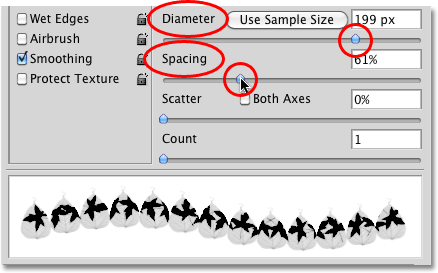 The Diameter and Spacing options in the Dual Brush section of the Brushes panel in Photoshop. Image © 2010 Photoshop Essentials.com