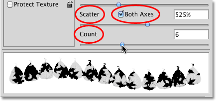 The Scatter and Count options in the Dual Brush section of the Brushes panel in Photoshop. Image © 2010 Photoshop Essentials.com