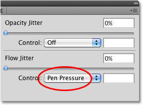 Setting the Flow Control option in the Brushes panel to Pen Pressure. Image © 2010 Photoshop Essentials.com