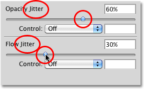 The Opacity Jitter and Flow Jitter sliders in the Brushes panel in Photoshop. Image © 2010 Photoshop Essentials.com