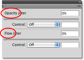 The Opacity and Flow options in the Other Dynamics section of the Brushes panel in Photoshop. Image © 2010 Photoshop Essentials.com