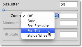 Selecting Pen Tilt for the Size Control option in the Brushes panel. Image © 2010 Photoshop Essentials.com