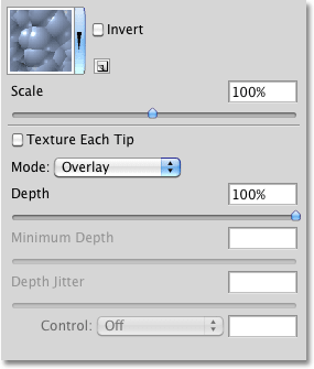 The options for the Texture dynamics in the Brushes panel in Photoshop. Image © 2010 Photoshop Essentials.com