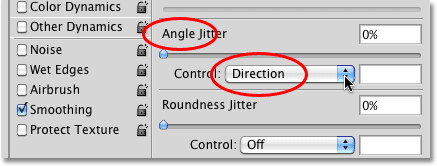 Changing the Angle Control option to Direction in the Brushes panel in Photoshop. Image © 2010 Photoshop Essentials.com