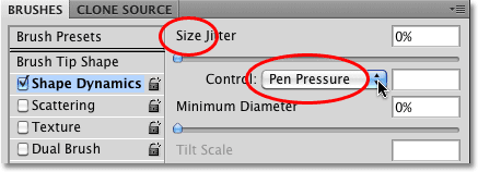 Changing the Size Control option to Pen Pressure in the Brushes panel in Photoshop. Image © 2010 Photoshop Essentials.com