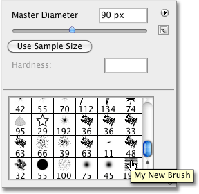 Selecting the new brush from the Brush Presets picker in Photoshop. Image © 2010 Photoshop Essentials.com