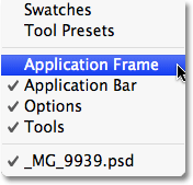 Selecting the Application Frame option from the Window menu in Photoshop CS4. Image © 2009 Photoshop Essentials.com.