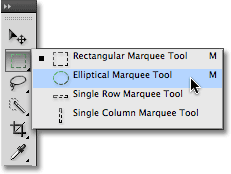Selecting hidden tools from the fly-out menu in the Tools panel in Photoshop CS4. Image © 2009 Photoshop Essentials.com.