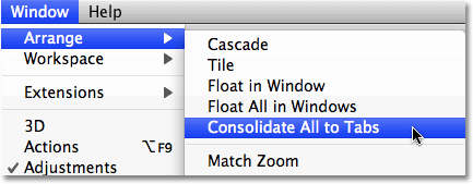 The Consolidate All To Tabs option in Photoshop CS4. Image © 2009 Photoshop Essentials.com.