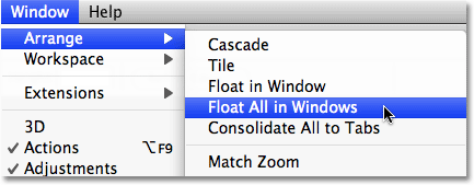 Selecting the Float All in Windows option in Photoshop CS4. Image © 2009 Photoshop Essentials.com.
