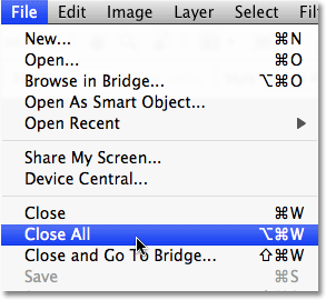 Selecting Close All from the File menu in Photoshop CS4. Image © 2009 Photoshop Essentials.com.