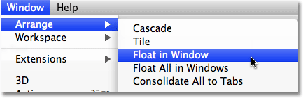 Selecting the Float In Window option in Photoshop CS4. Image © 2009 Photoshop Essentials.com.