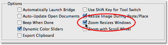 The Zoom Resizes Windows command in Photoshop's Preferences. Image © 2009 Photoshop Essentials.com.