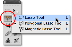 The three lasso tools in the Tools panel in Photoshop. Image © 2009 Photoshop Essentials.com