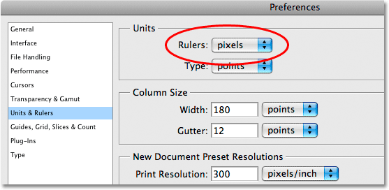 The 'Units & Rulers' category in Photoshop's Preferences. Image © 2009 Photoshop Essentials.com