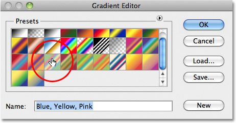Selecting the Blue, Yellow, Pink gradient. Image © 2011 Photoshop Essentials.com