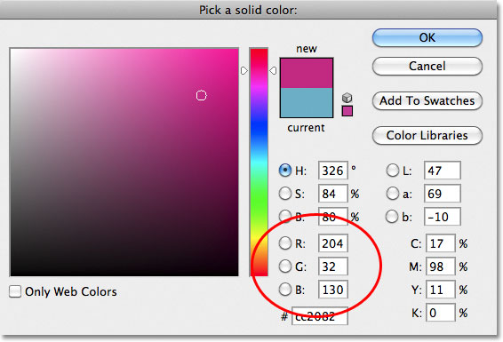 Choosing a cherry color from the Color Picker. Image © 2011 Photoshop Essentials.com