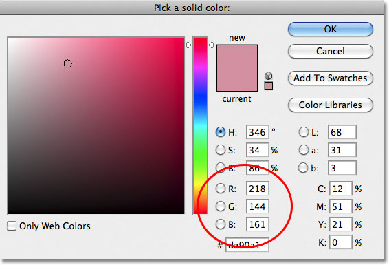 Choosing a soft pink from the Color Picker. Image © 2011 Photoshop Essentials.com
