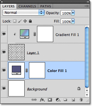 A purple fill layer above the Background layer in the Layers panel. Image © 2011 Photoshop Essentials.com