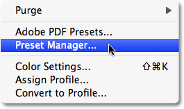 Selecting the Preset Manager in Photoshop. Image © 2008 Photoshop Essentials.com.
