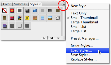 Selecting the 'Load Styles' option from the Styles palette in Photoshop. Image © 2008 Photoshop Essentials.com.