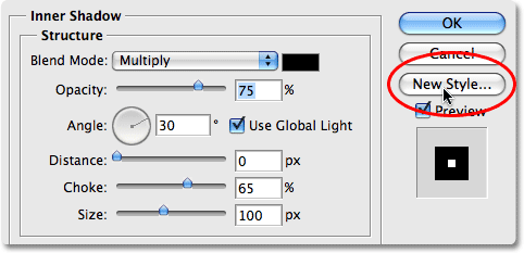 Clicking the 'New Style' button in the Layer Style dialog box in Photoshop. Image © 2008 Photoshop Essentials.com.