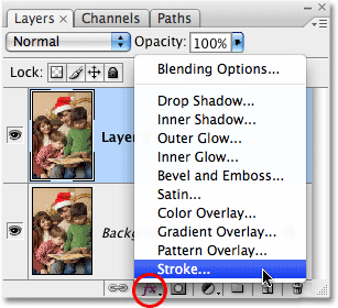 Selecting a Stroke layer style. Image © 2008 Photoshop Essentials.com.