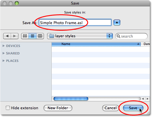 Naming and saving a layer style set in Photoshop. Image © 2008 Photoshop Essentials.com.