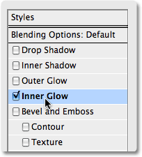 Choosing Inner Glow from the Layer Style dialog box in Photoshop. Image © 2008 Photoshop Essentials.com.