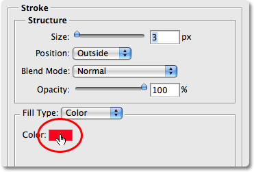 The stroke color option in the Layer Style dialog box in Photoshop. Image © 2008 Photoshop Essentials.com.
