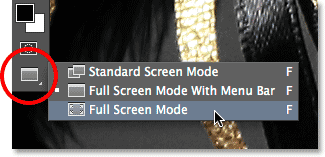 Selecting Full Screen Mode from the Tools panel in Photoshop. 