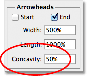 The Concavity option in the Arrowheads options for the Line Tool in Photoshop. Image © 2011 Photoshop Essentials.com