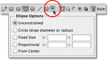 The Ellipse Tool options in the Options Bar in Photoshop. Image © 2011 Photoshop Essentials.com