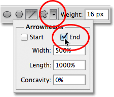 The Arrowheads Options for the Line Tool in Photoshop. Image © 2011 Photoshop Essentials.com