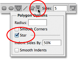 The Polygon Tool options in the Options Bar in Photoshop. Image © 2011 Photoshop Essentials.com