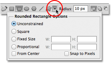 A list of options for the Rounded Rectangle Tool. Image © 2011 Photoshop Essentials.com