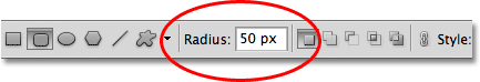Setting the Radius value for the Rounded Rectangle Tool in Photoshop. Image © 2011 Photoshop Essentials.com