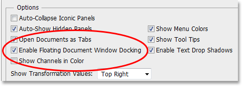 The Enable Floating Document Window Docking option in Photoshop's Preferences. Image © 2013 Photoshop Essentials.com