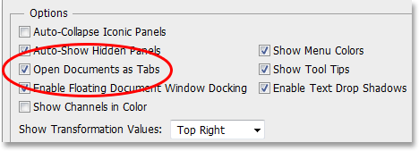 The Open Documents as Tabs option in Photoshop's Preferences. Image © 2013 Photoshop Essentials.com