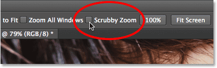 Unchecking the Scrubby Zoom option for the Zoom Tool. Image © 2014 Steve Patterson, Photoshop Essentials.com