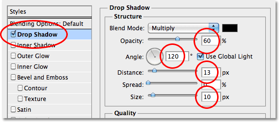 Drop Shadow layer style options in Photoshop. Image © 2010 Photoshop Essentials.com