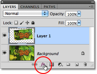 The Layer Styles icon in the Layers panel in Photoshop. Image © 2010 Photoshop Essentials.com