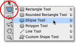 Selecting the Ellipse Tool in Photoshop. Image © 2011 Photoshop Essentials.com