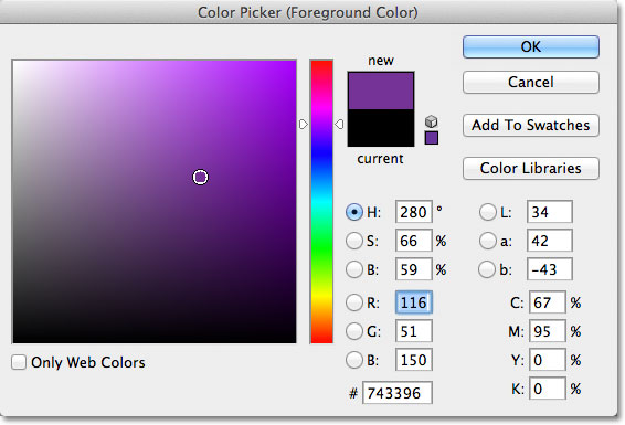 Choosing purple from the Color Picker in Photoshop. Image © 2011 Photoshop Essentials.com