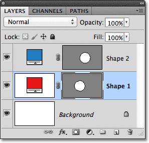 The red vector shape's layer is selected in the Layers panel. Image © 2011 Photoshop Essentials.com