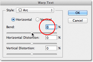Setting the Bend value to 0% in the Warp Text dialog box. Image © 2011 Photoshop Essentials.com
