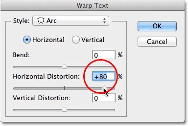 Increasing the Horizontal Distortion to 80% in the Warp Text dialog box. Image © 2011 Photoshop Essentials.com