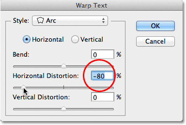 Decreasing the Horizontal Distortion to -80% in the Warp Text dialog box. Image © 2011 Photoshop Essentials.com