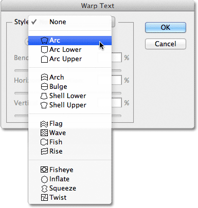 The list of warp styles in the Warp Text dialog box. Image © 2011 Photoshop Essentials.com